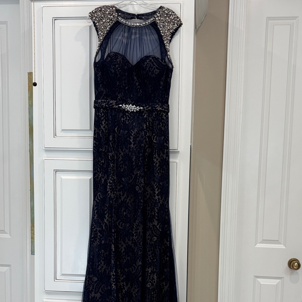 Dave & Johnny Navy maxi gown, back cutout  with silver embellishment. Worn once.
